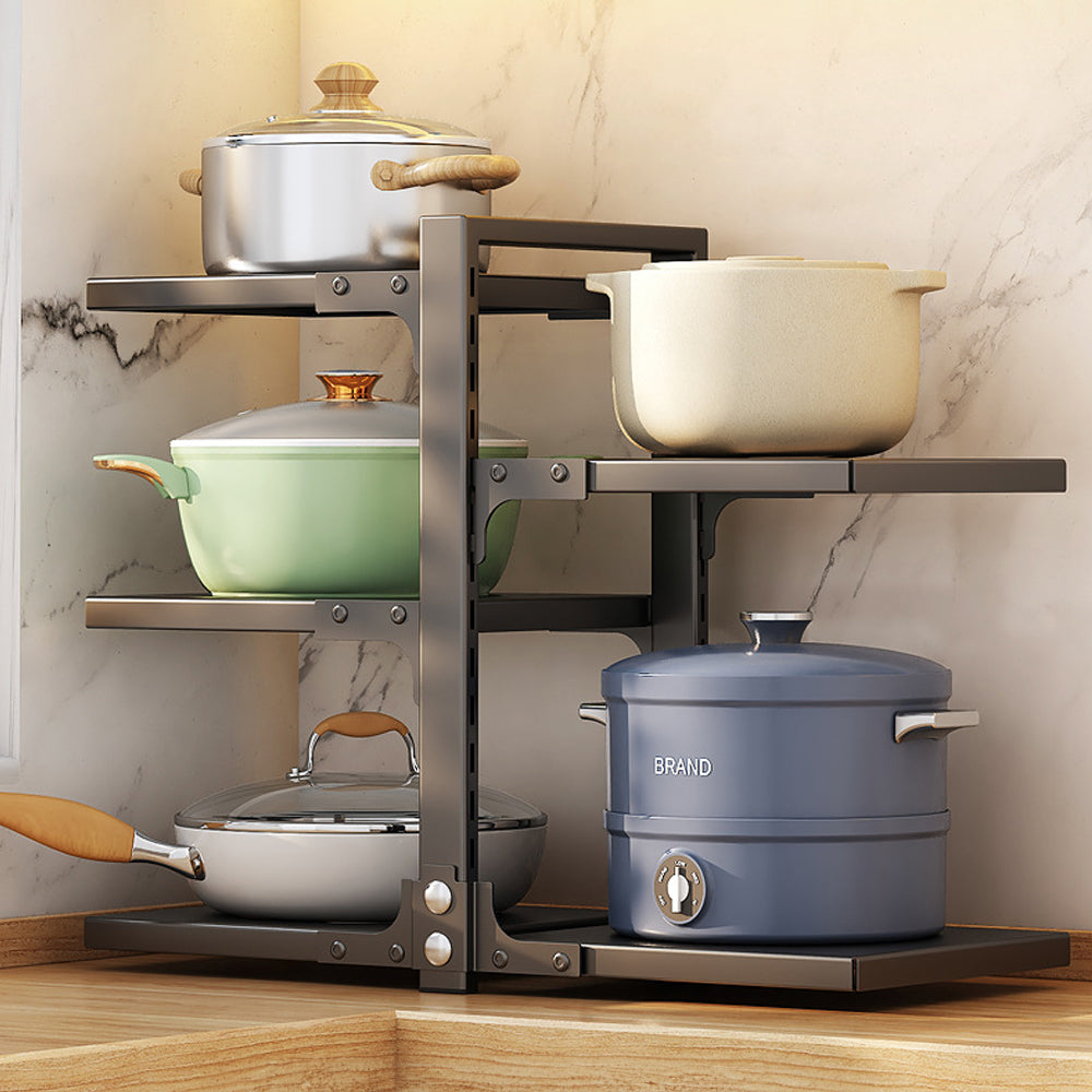Multi-Tier Height-Adjustable Kitchen Pan Organizer Rack