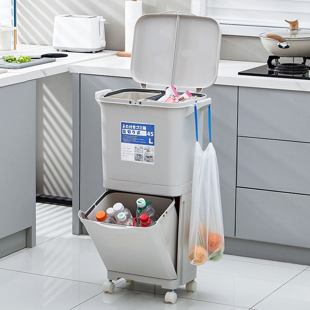 45L White Double-Layer Three-Compartment Trash Can with Wheels