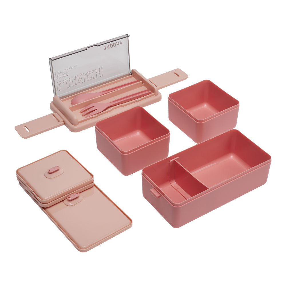 Dual-Layer Plastic Bento Lunch Box with Cutlery